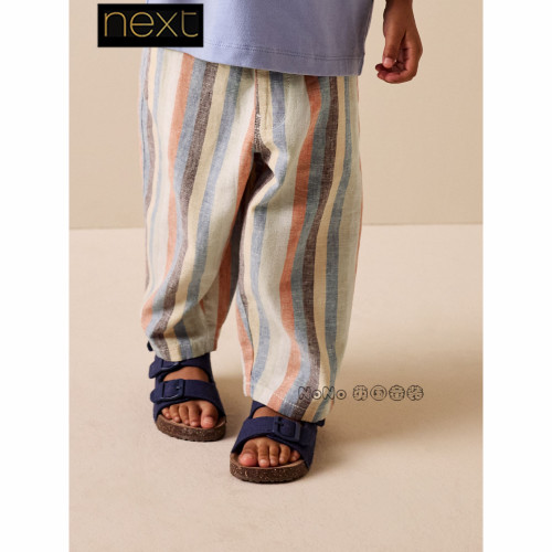 Next正品英国儿童彩色条纹亚麻夏季防蚊长裤休闲1-7岁新款H40-356