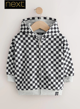 英国Next正品代购男童黑白色格子卫衣运动衫休闲连帽1-7岁F14-682