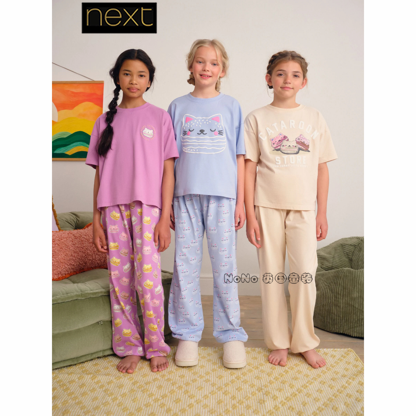 英国Next女大童亲子蓝紫色猫咪短袖家居服睡衣长裤3-16岁W96-618