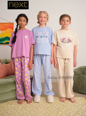 英国Next女大童亲子蓝紫色猫咪短袖家居服睡衣长裤3-16岁W96-618