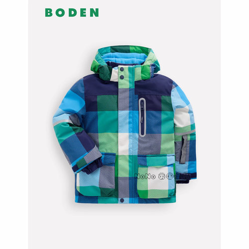 英国Mini BODEN男童蓝色格子防雨雪外套棉服连帽棉衣2-14岁B3082