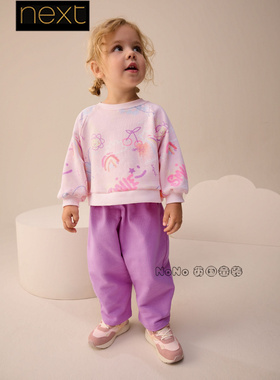 英国Next代购女童紫色卡通印花卫衣阔腿裤运动套装1-7岁F99-248