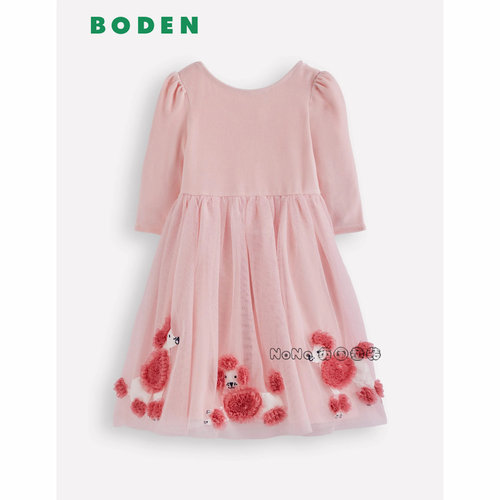 英国Mini Boden女童粉色丝绒小狗礼服连衣裙网纱刺绣2-10岁G5580