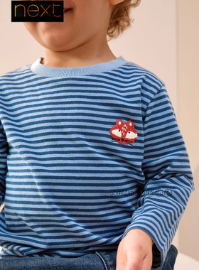 英国Next代购男童蓝色条纹狐狸刺绣纯棉长袖T恤衫圆1-7岁F86-553