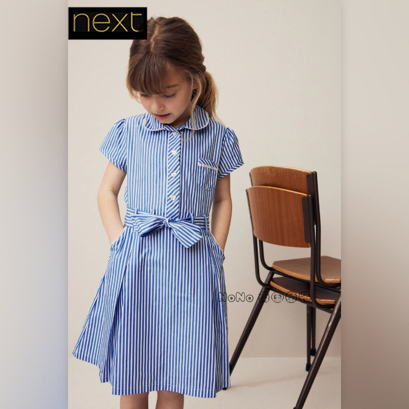英国Next正品代购女大童蓝条纹蝴蝶结学院风连衣裙发带Q77-069