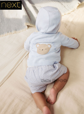 英国正品Next代购婴童蓝色刺绣小熊开衫针织连帽外套纯棉Q61-214