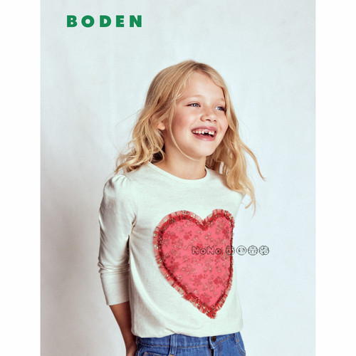 代购英国Mini BODEN女童白色爱心刺绣刺绣长袖T恤纯棉2-12岁G5626