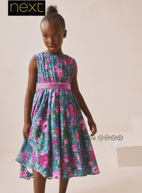 英国Next女大童亲子款粉蓝色印花高级礼服连衣裙3-14岁W99-906