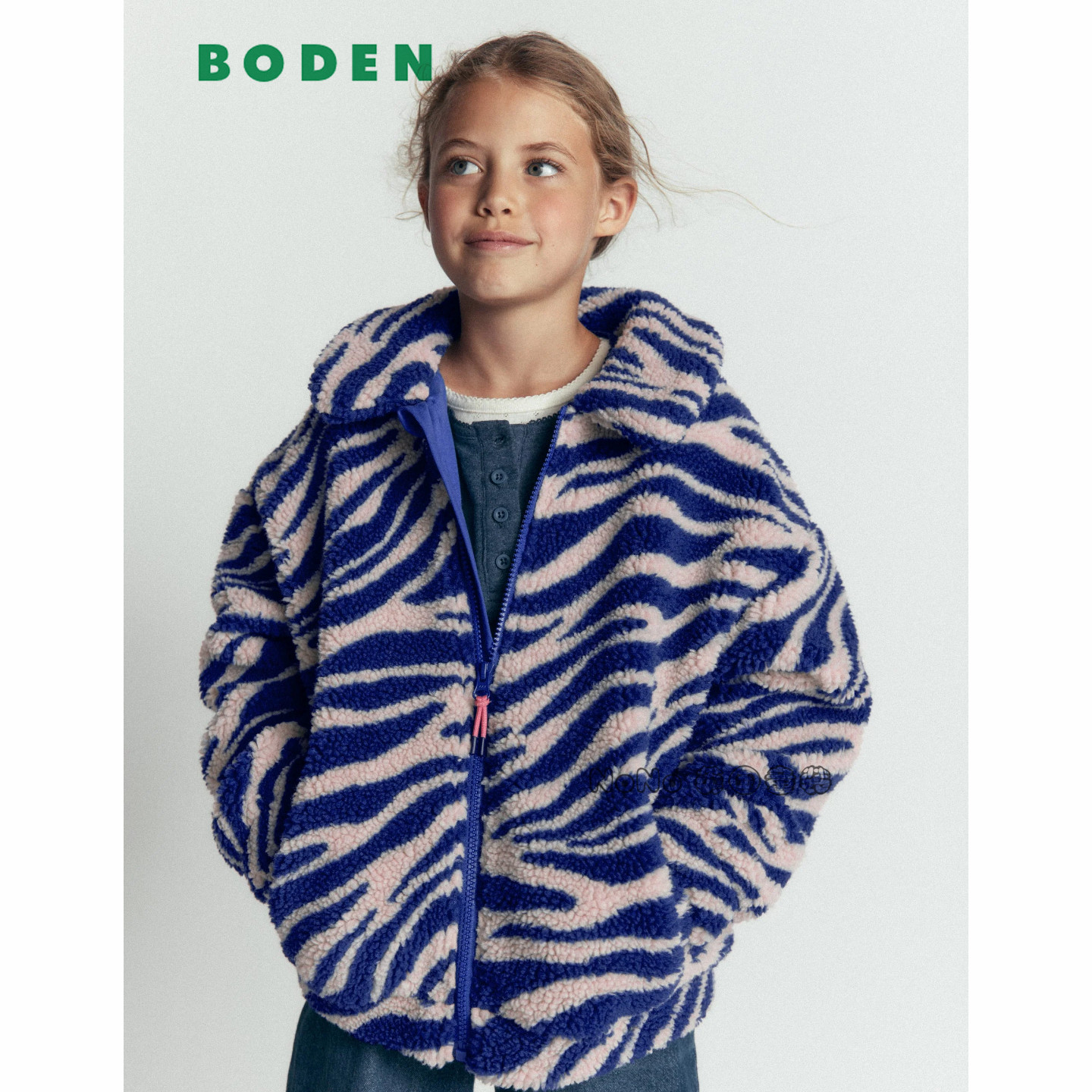 英国Mini BODEN女童蓝色斑马纹外套毛毛加厚绒衣2-14岁新款G6099