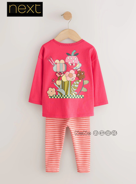英国Next女童粉红色草莓花朵蜜蜂长袖T恤条纹打底裤套装H53-948