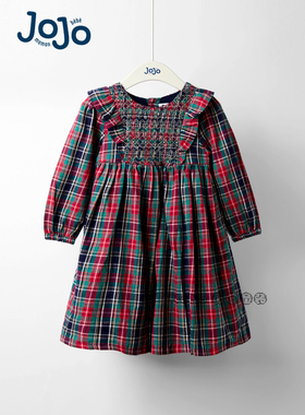 英国JoJo Maman Bebe女童红绿色格子长袖连衣裙纯棉1-7岁H15-865