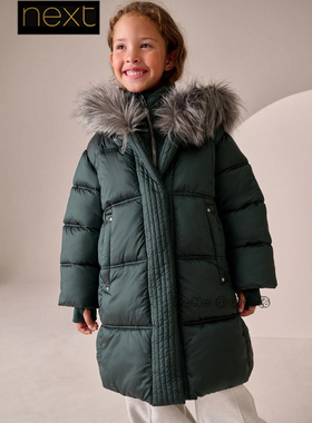 英国Next女大童亲子绿色外套加厚长款棉服防雨雪3-16岁AN6-413