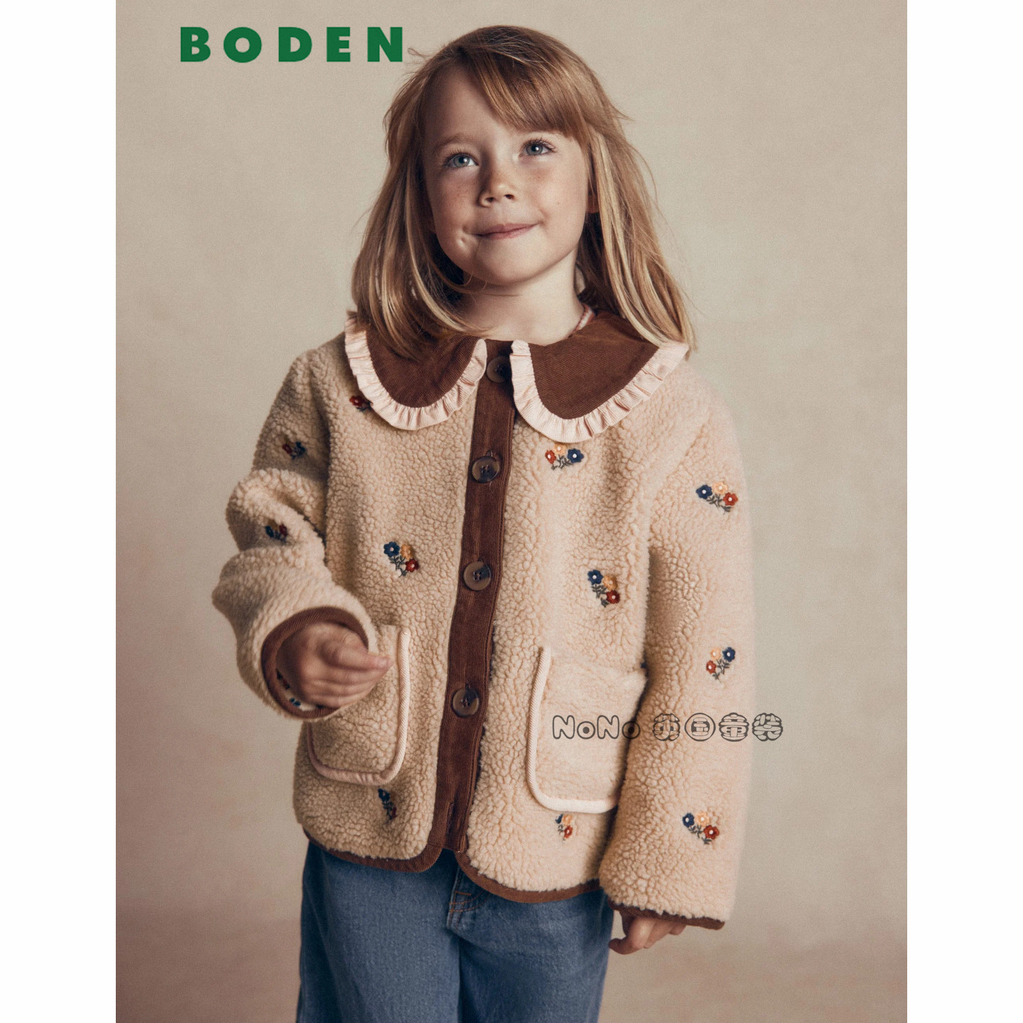 英国Mini BODEN女童娃娃翻领毛毛刺绣外套棉服加厚2-14岁G6141