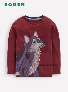 代购英国Mini BODEN正品男童酒红色狼刺绣长袖T恤纯棉2-12岁B3051