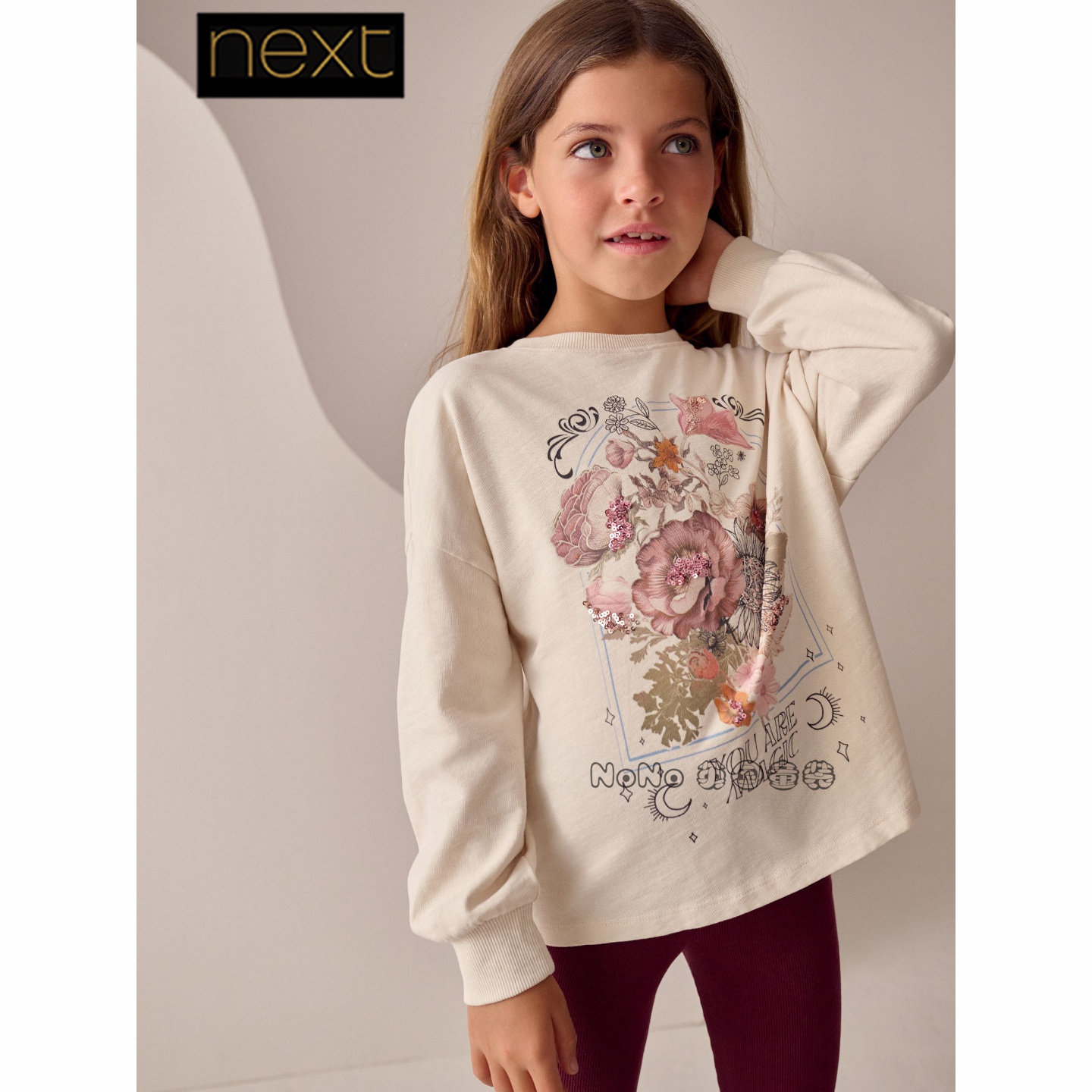 英国Next女大童亲子米色花朵相框长袖T恤运动纯棉3-16岁F69-689