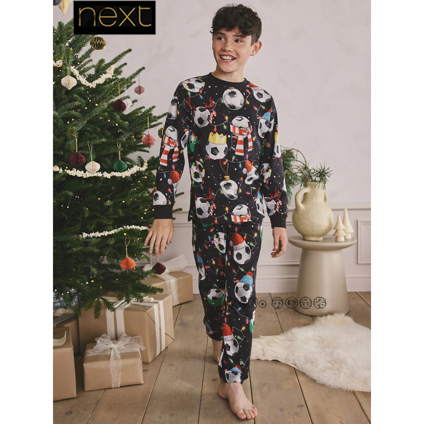 英国Next男大童黑彩色足球印花家居服睡衣裤纯棉4-16岁F75-834