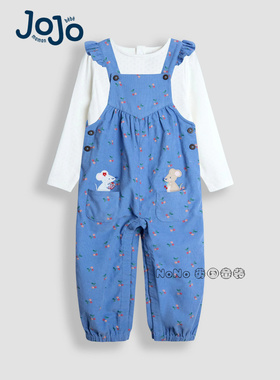 英国JOJO Maman Bebe婴儿蓝色老鼠刺绣背带裤T恤纯棉套装W26-846