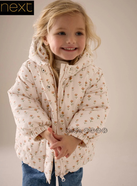 英国Next正品女童冬款乳白色小碎花加厚棉服夹克外套连帽E25-125