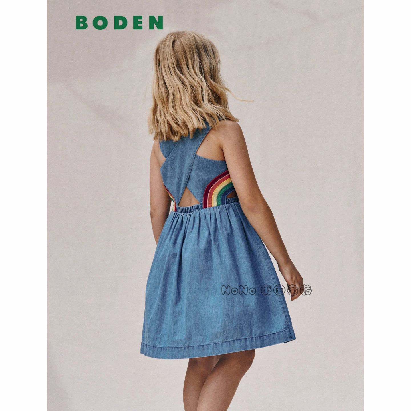 英国Mini Boden女童蓝色牛仔刺绣彩虹全棉短袖连衣裙2-12岁G5799