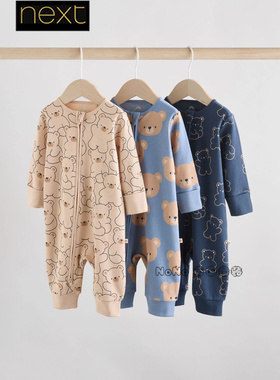 英国Next婴新生儿蓝色小熊长袖连体睡衣长爬纯棉不包脚F13-452