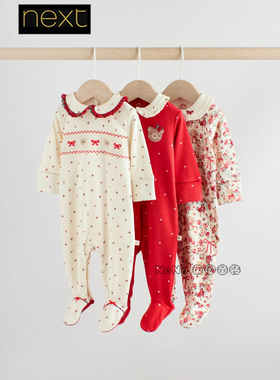 英国Next女婴新生儿新年红色小熊兔打揽连体睡衣长爬睡袋F34-057