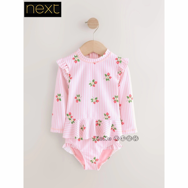 英国Next正品女中小童粉条纹草莓长袖防晒分体泳衣泳装AB7-039