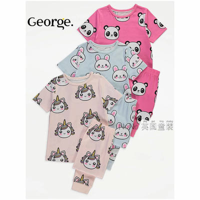 现货英国乔治George女童粉蓝熊猫兔子独角兽短袖睡衣秋裤家居服