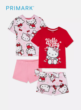 代购英国Primark正品NEXT女童粉红白色KITTY纯棉家居服睡衣短袖裤