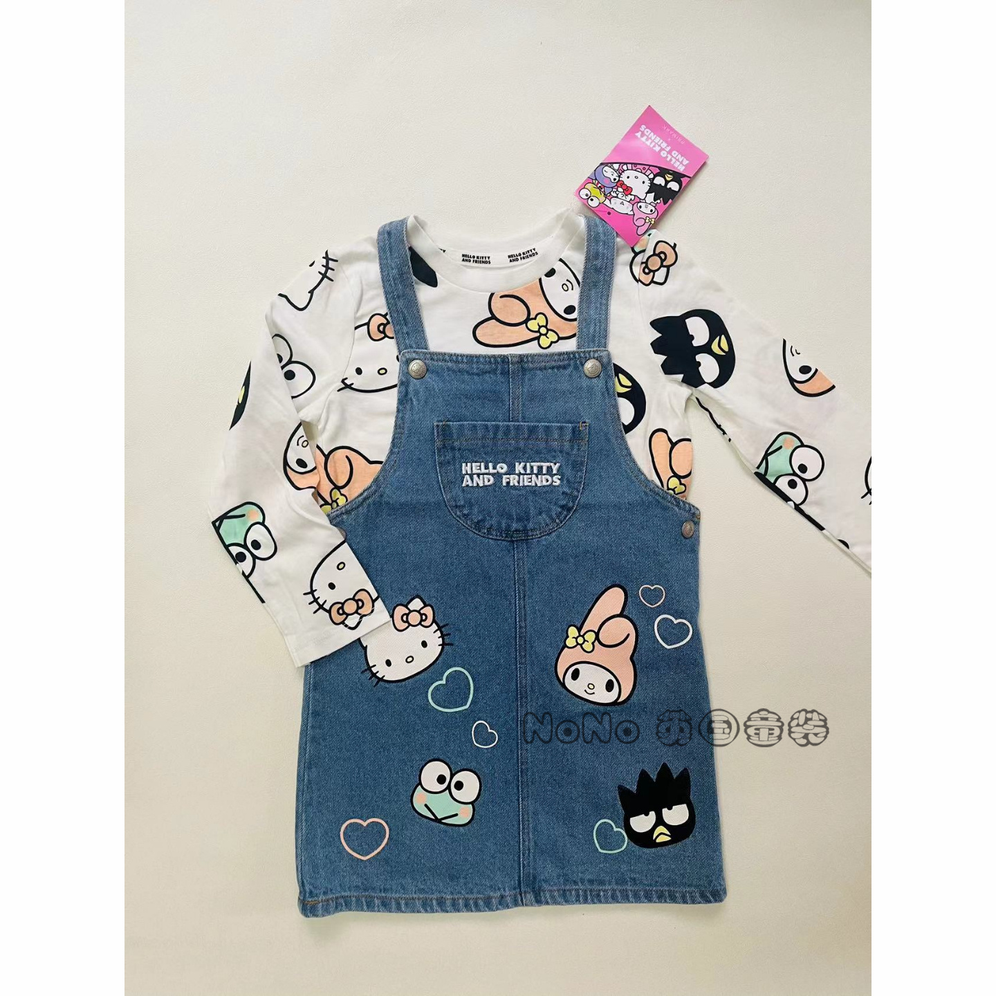 现货英国Primark正品女童蓝色牛仔背带裙三丽鸥kitty长袖T恤套装
