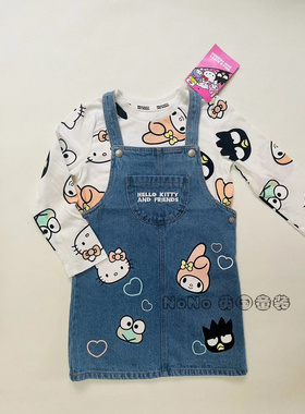 现货英国Primark正品女童蓝色牛仔背带裙三丽鸥kitty长袖T恤套装