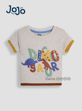现货英国Jojo Maman Bebe男童灰色恐龙印花字母短袖T恤纯棉