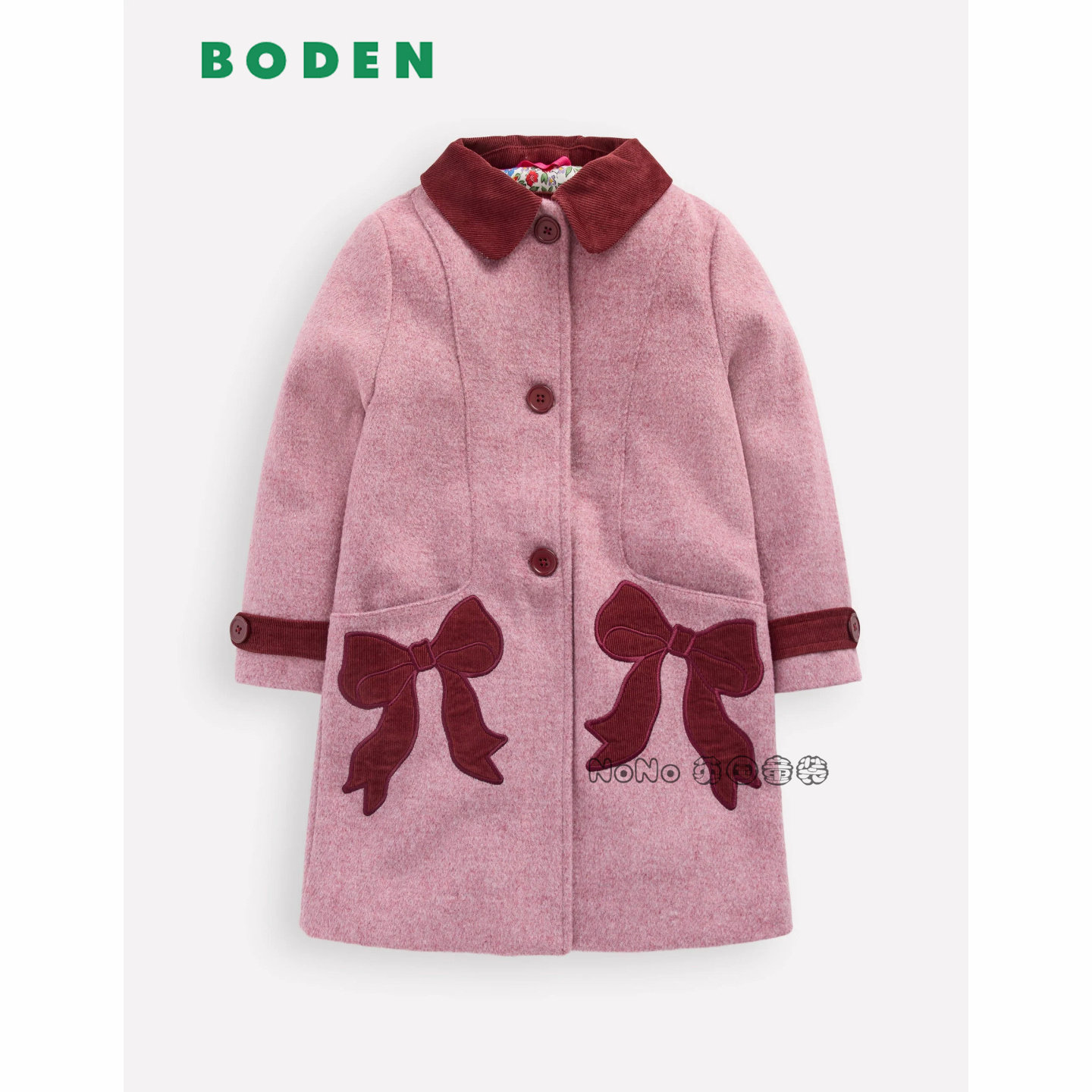 英国Mini BODEN女童粉红色蝴蝶结羊毛大衣外套加厚2-12岁G5623