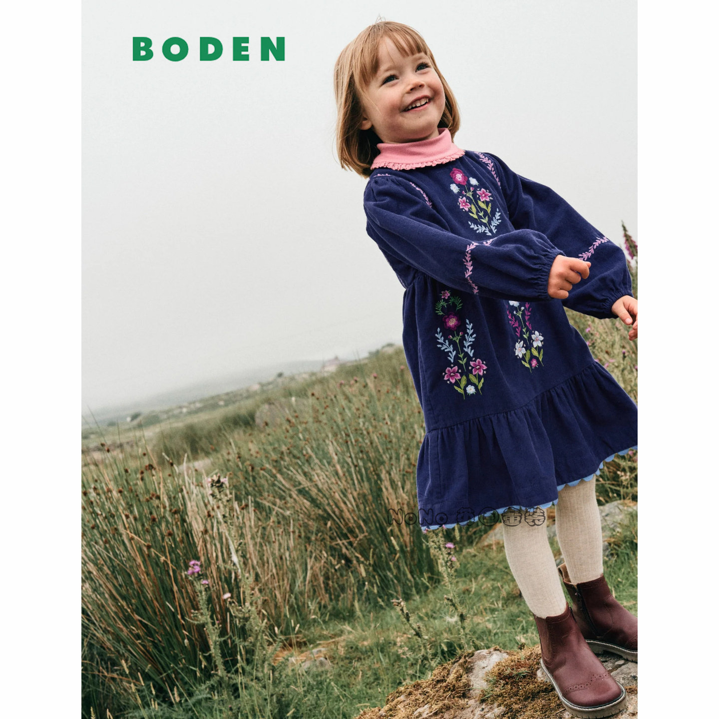 英国Mini Boden女童深蓝色灯芯绒刺绣长袖纯棉连衣裙2-12岁G5657