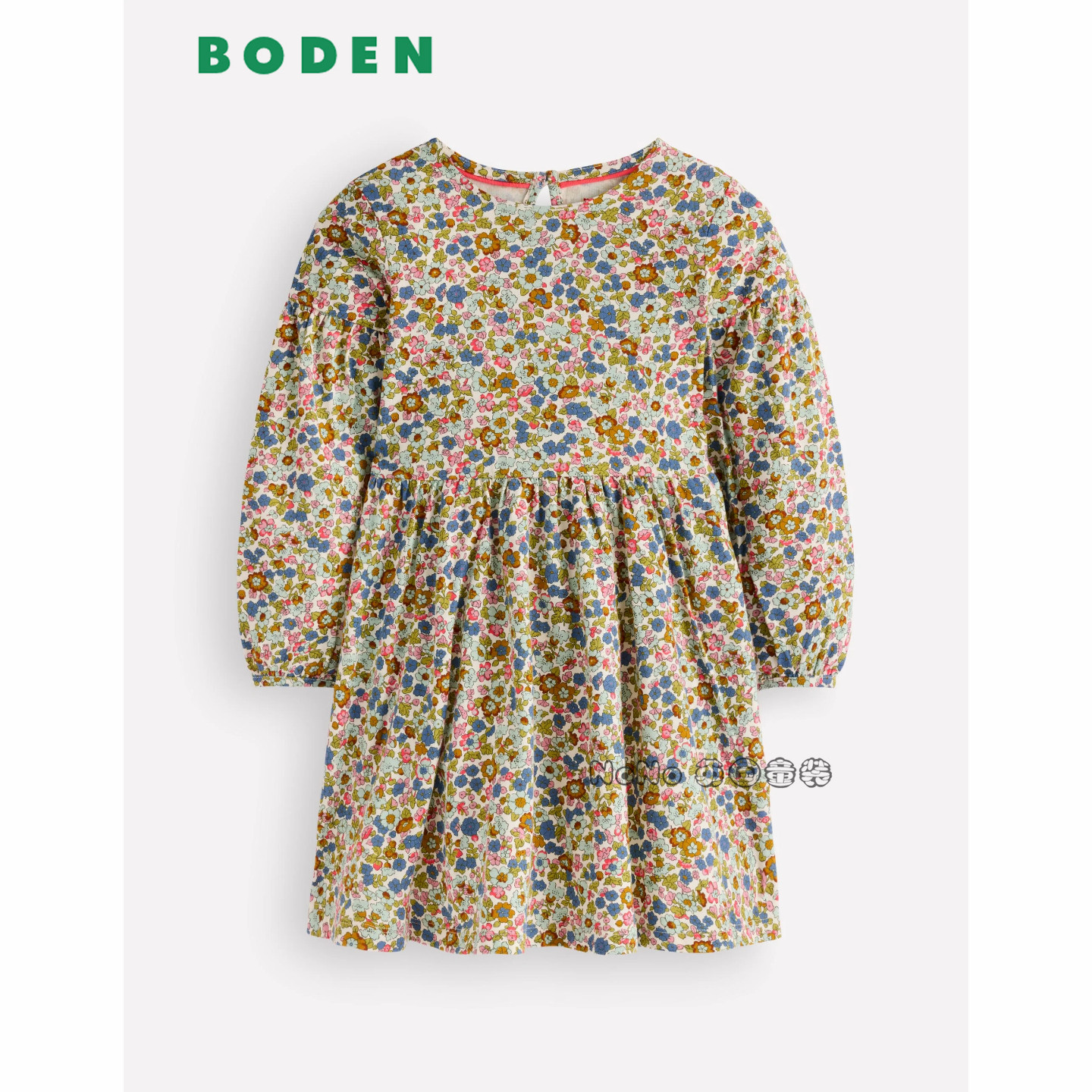 英国Mini Boden女童蓝绿色小碎花全棉长袖连衣裙2-12岁新款G6061