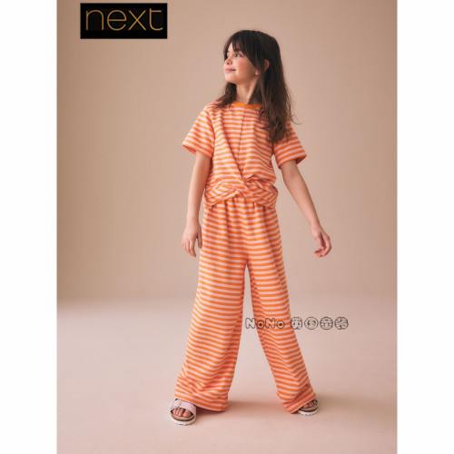 英国Next正品女大童橙色条纹T恤阔腿裤套装全棉3-16岁新款G82-855