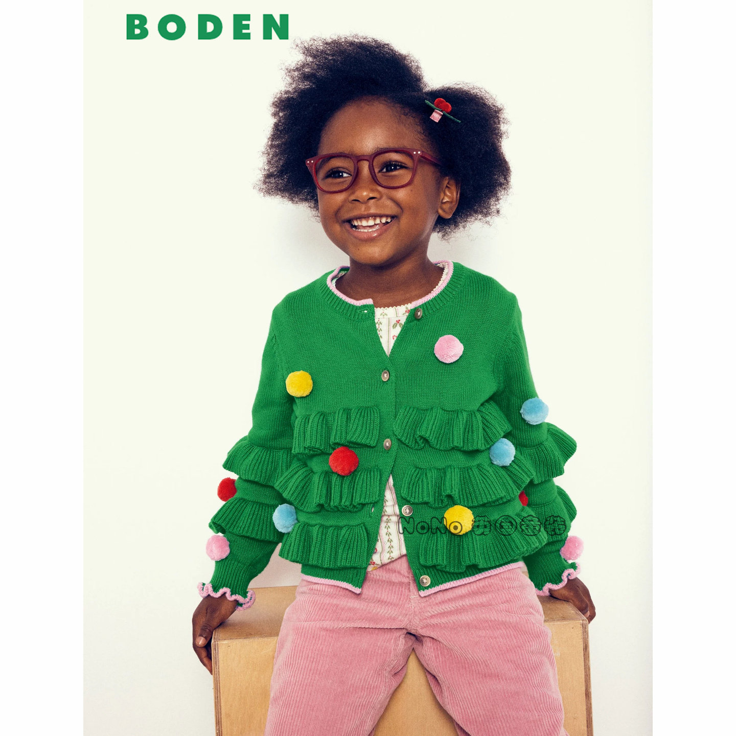 英国Mini BODEN女童绿色圣诞彩色波波球毛衣针织开衫2-14岁G5670