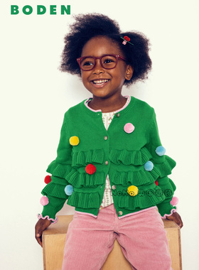 英国Mini BODEN女童绿色圣诞彩色波波球毛衣针织开衫2-14岁G5670