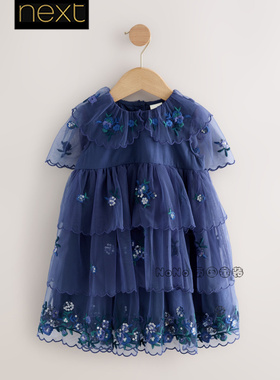 英国Next代购女童深蓝色刺绣翻领网纱连衣裙纱裙礼服1-7岁F81-713