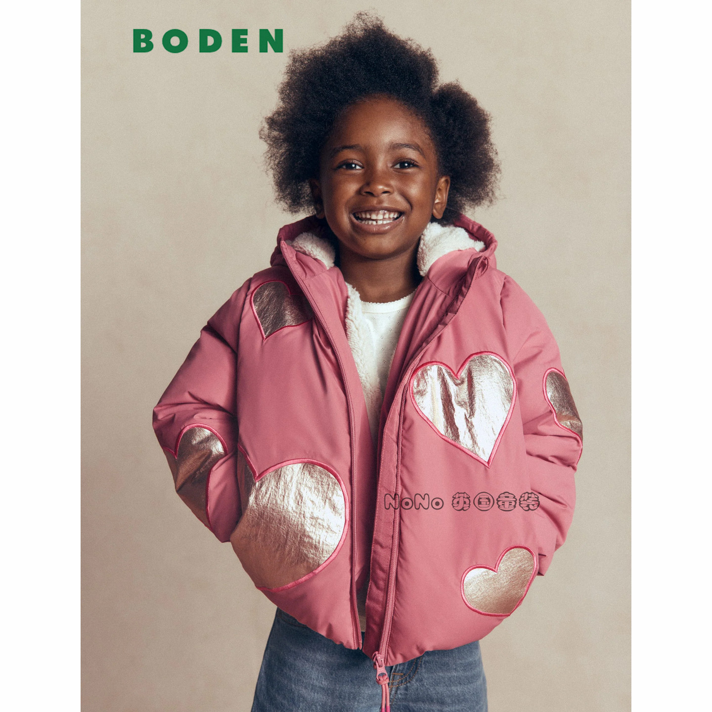 英国Mini BODEN女童粉色爱心防雨雪外套棉服加厚棉衣2-14岁G5701