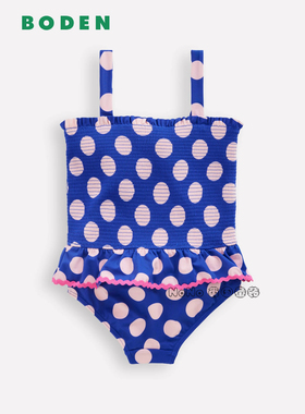 英国Mini BODEN蓝色圆点俏皮吊带连体泳衣温泉防晒2-10岁G5918