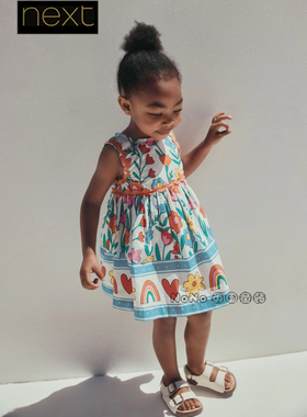英国Next正品女童花朵彩虹印花连衣裙短袖全棉1-8岁新款H90-313