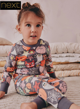 英国Next正品女童灰色幽灵猫咪南瓜长袖家居服睡衣裤秋衣AY1-377