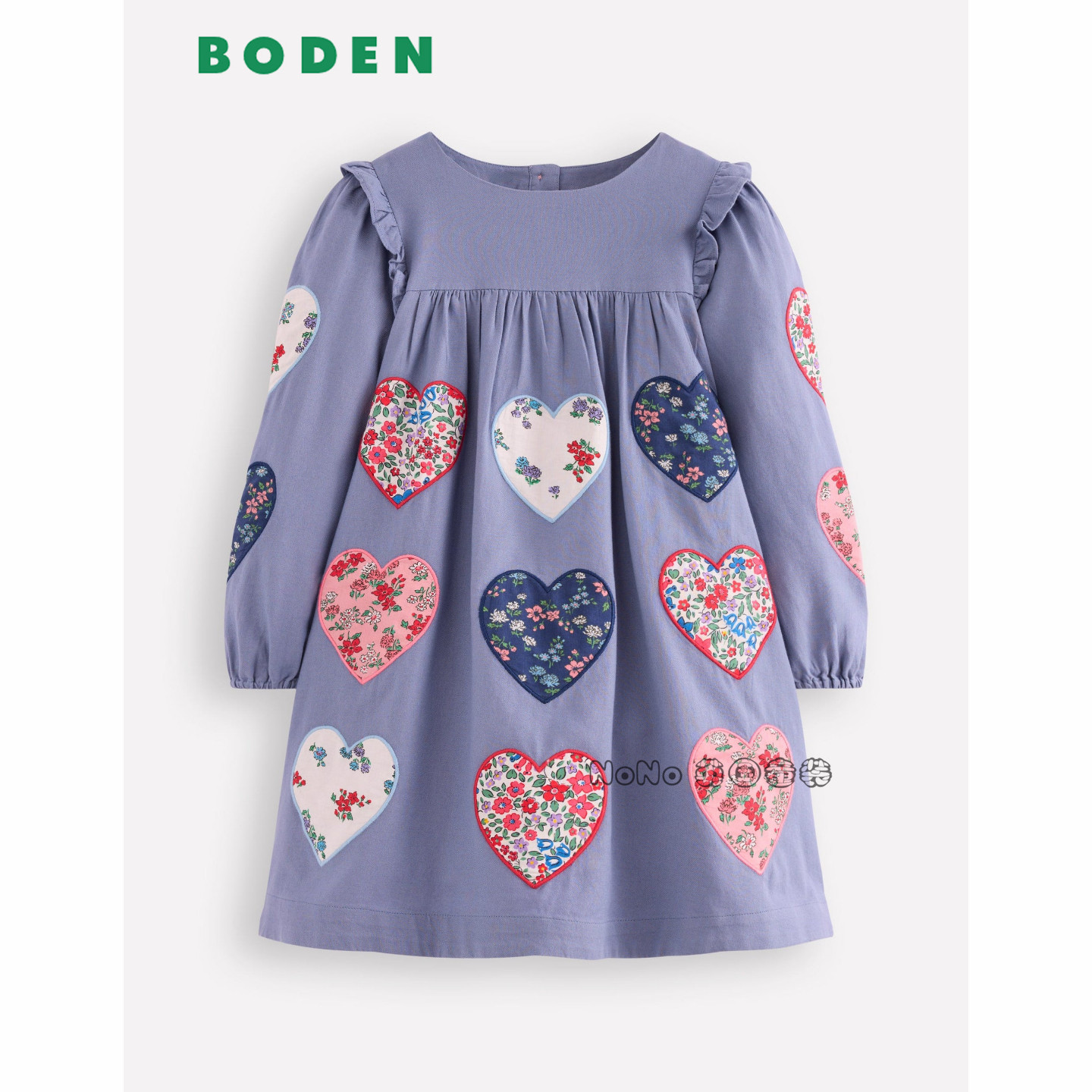 代购英国Mini Boden女童爱心碎花刺绣长袖连衣裙纯棉2-12岁G5697
