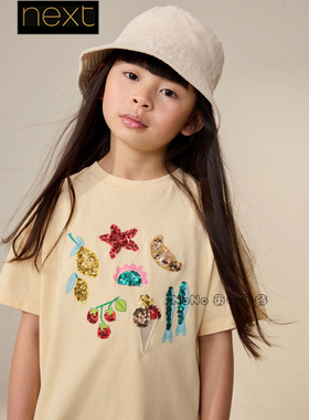 英国Next女大童款樱桃柠檬亮片短袖T恤运动衫休闲全棉新款W53-754