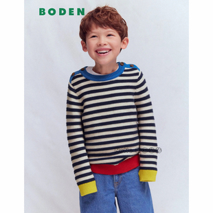英国Mini BODEN男童拼黄红色袖条纹毛衣针织套衫全棉2-14岁B3183