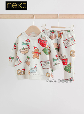 英国Next代购婴儿童灰色圣诞姜饼人卫衣大PP长裤套装纯棉G01-037