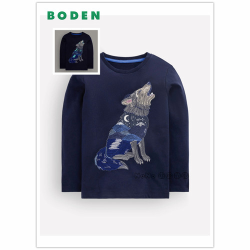 英国Mini BODEN男童蓝色夜光狼刺绣长袖T恤纯棉2-12岁新款B3083