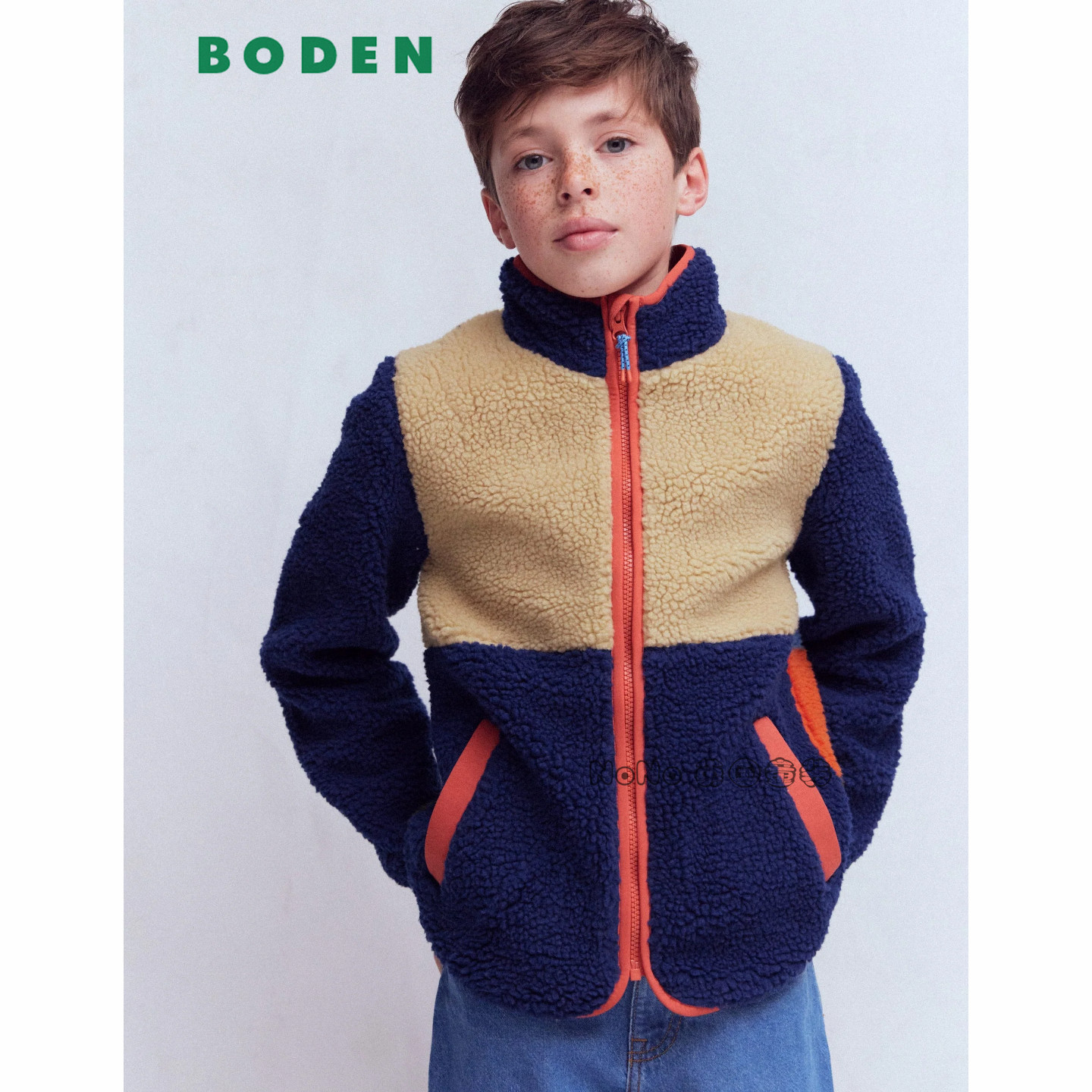 英国Mini BODEN男童蓝米橘拼色外套羊羔毛棉服加厚2-12岁B2818