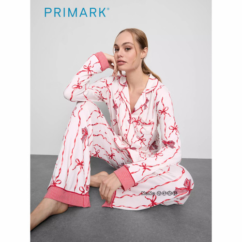 代购英国Primark女款成人大童粉红色蝴蝶结家居服睡衣睡裤开衫