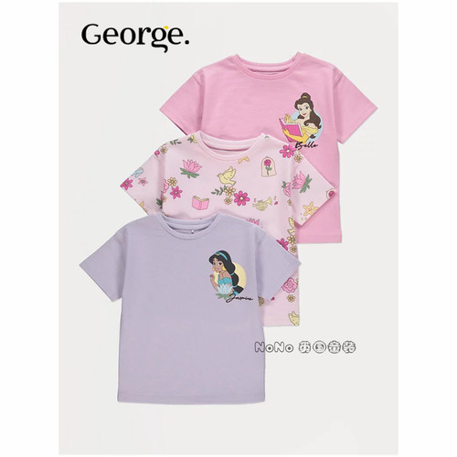 代购英国乔治George女童粉紫色迪士尼公主短袖T恤全棉新款1425225